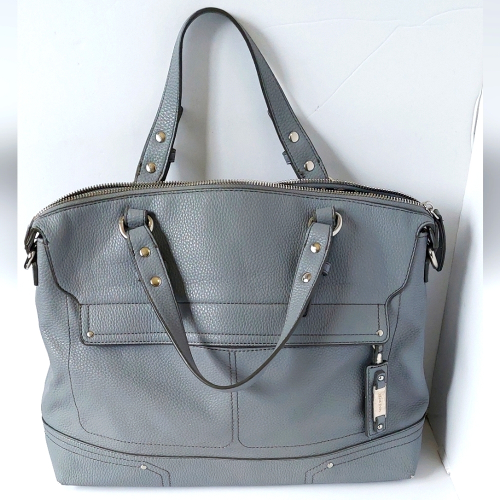 Nine West Robin's Egg Gray Carry-all Top Handle Bag with Animal Print Lining